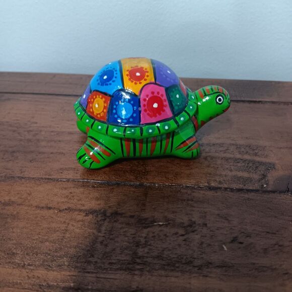 Vintage Turtle Trinket Box Terracotta Clay Mexico Hand Painted - Picture 2 of 8